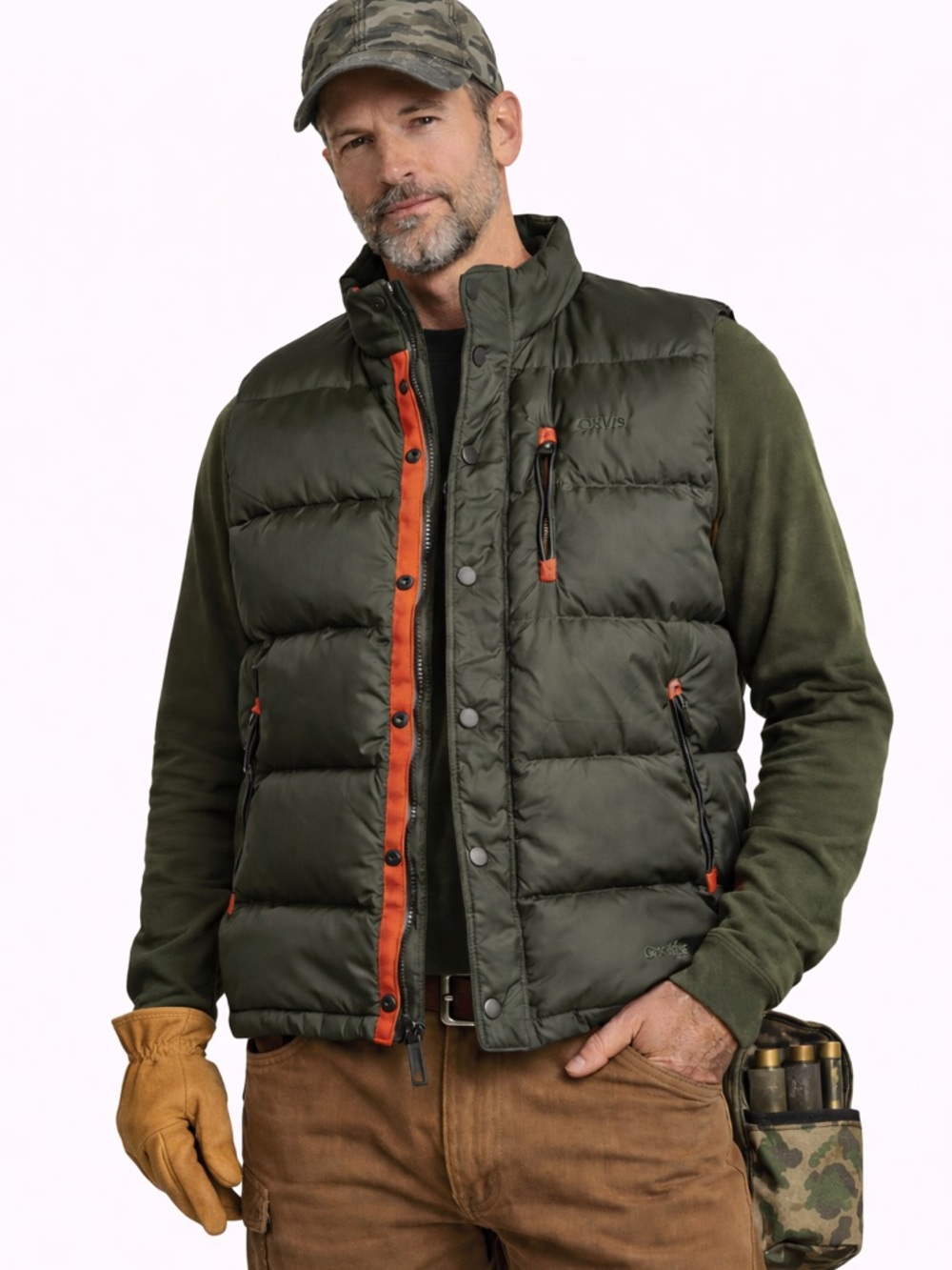Orvis Essex Duck Down Puffer Vest XL Green Orange Quilted Puffer. hunting work